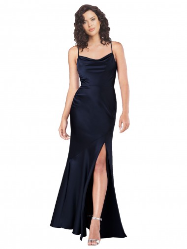 Long Sleeveless Silky Satin Dark Navy A-Line Black Tie Prom Dress Canada Online