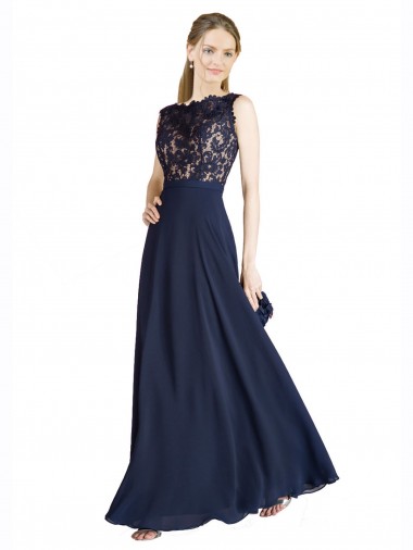 Long Sleeveless Soft Chiffon & Lace Dark Navy A-Line Prom Dress Canada Online