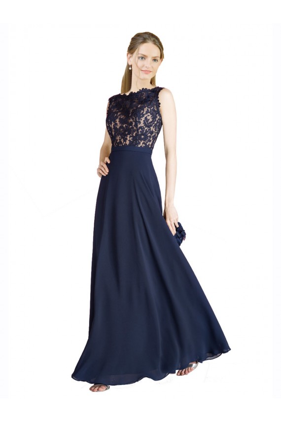 Long Sleeveless Soft Chiffon & Lace Dark Navy A-Line Prom Dress Canada Online