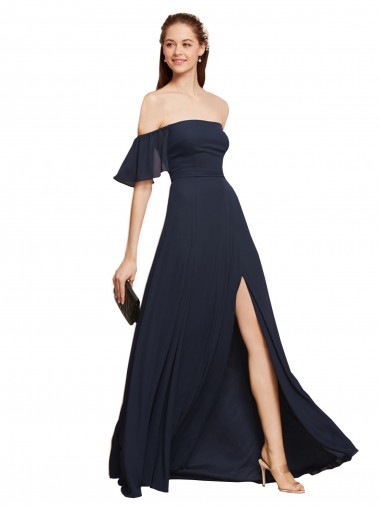 Long Sleeveless Soft Chiffon Dark Navy A-Line Prom Dress Canada Online