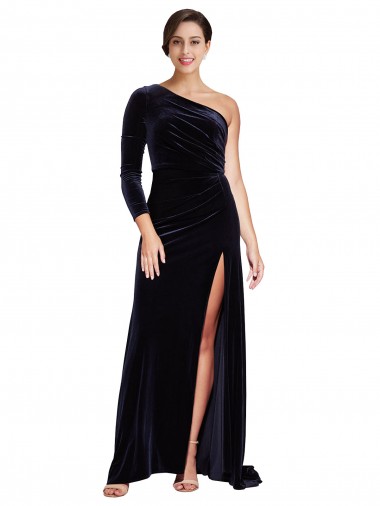 Sweep Train Long Sleeves Stretch Velvet Dark Navy A-Line Prom Dress Canada Online