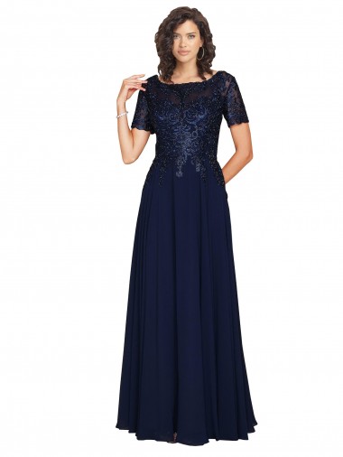 Short Sleeves Long Soft Chiffon Dark Navy A-Line Prom Dress Canada Online