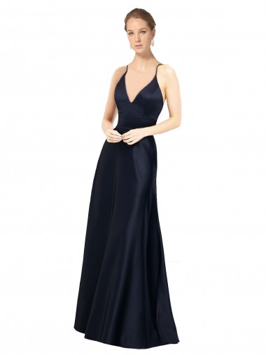 Long Sleeveless Satin Dark Navy A-Line Spaghetti Straps Prom Dress Canada Online