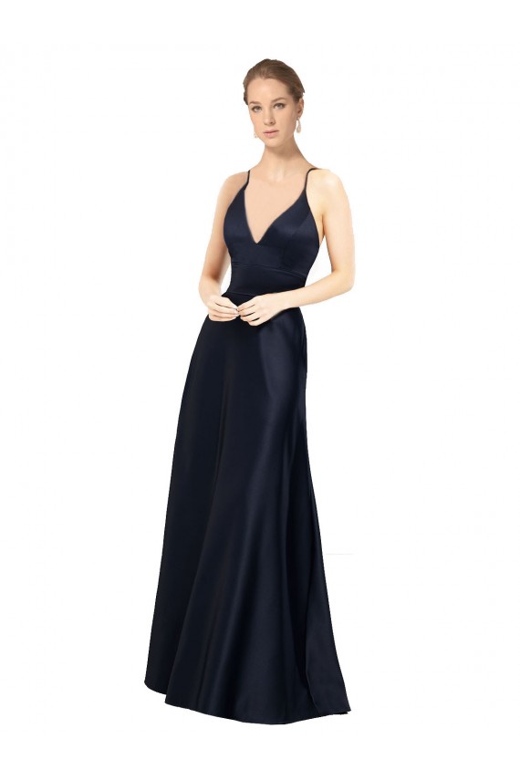 Long Sleeveless Satin Dark Navy A-Line Spaghetti Straps Prom Dress Canada Online