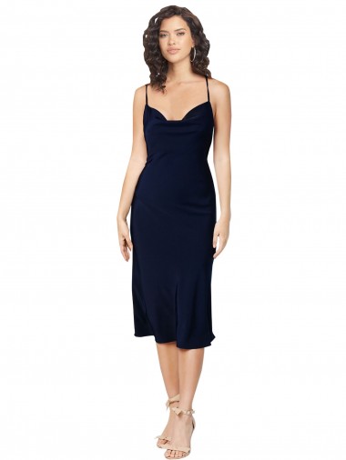 Midi Length Sleeveless Silky Satin Dark Navy Spaghetti Straps A-Line Prom Dress Canada Online