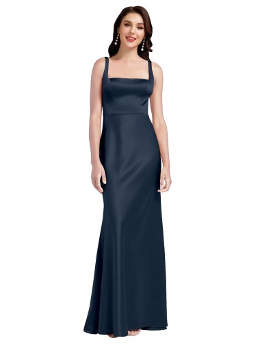 Long Sleeveless Stretch Satin Dark Navy Square Neck A-Line Prom Dress Canada Online