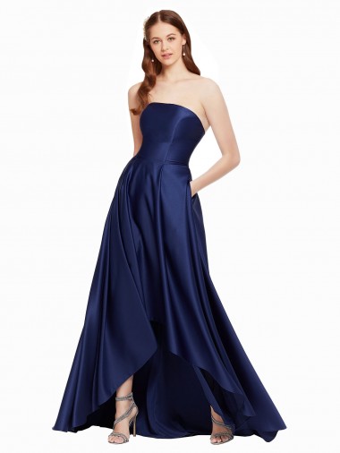 Long Sleeveless Satin Dark Navy A-Line High Low Prom Dress Canada Online