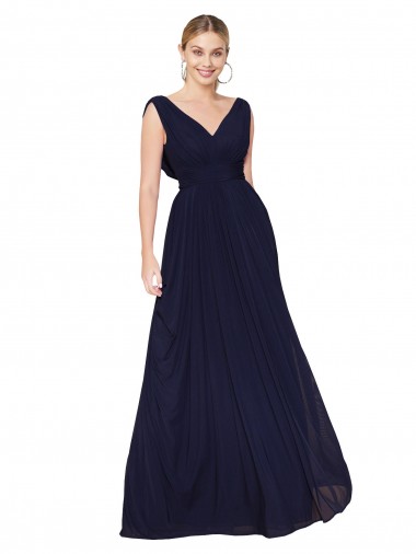 Long Sleeveless Soft Chiffon Dark Navy A-Line V-Neck Prom Dress Canada Online