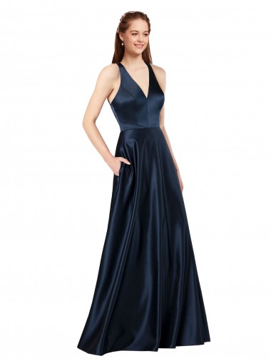 Long Sleeveless Satin Dark Navy A-Line Keyhole Back Prom Dress Canada Online