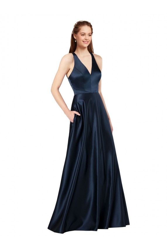 Long Sleeveless Satin Dark Navy A-Line Keyhole Back Prom Dress Canada Online
