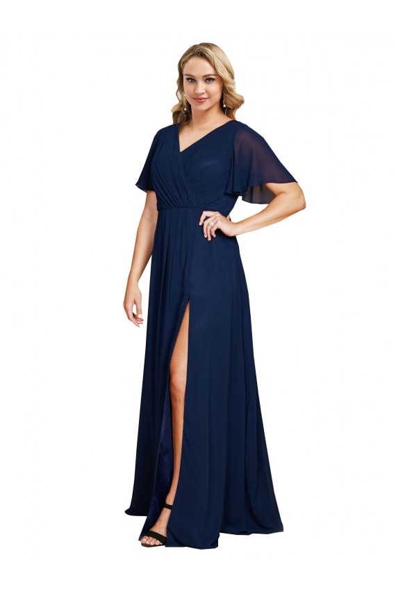 Long Short Flutter Sleeves Soft Chiffon Dark Navy A-Line Plus Size Formal Prom Dress Canada Online