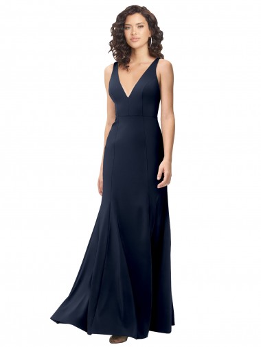 Long Sleeveless Stretch Crepe Dark Navy V-Neck A-Line Prom Dress Canada Online