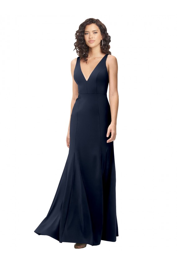 Long Sleeveless Stretch Crepe Dark Navy V-Neck A-Line Prom Dress Canada Online