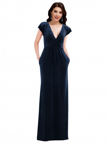 Long Flutter Sleeves Stretch Velvet Dark Navy A-Line Prom Dress Canada Online
