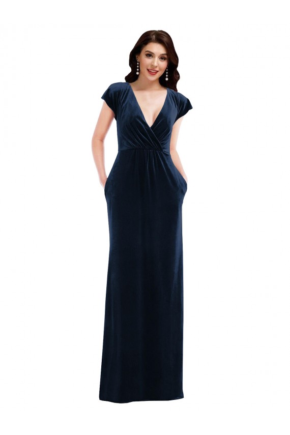 Long Flutter Sleeves Stretch Velvet Dark Navy A-Line Prom Dress Canada Online
