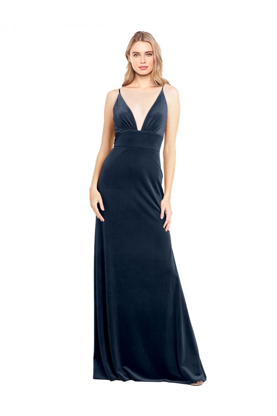 Long Sleeveless Stretch Velvet Dark Navy A-Line V-Back Prom Dress Canada Online