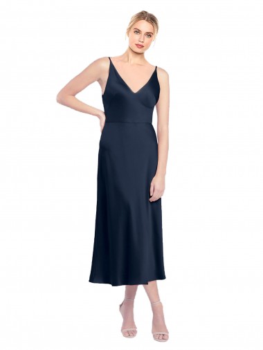 Midi Length Sleeveless Stretch Satin Dark Navy A-Line Prom Dress Canada Online