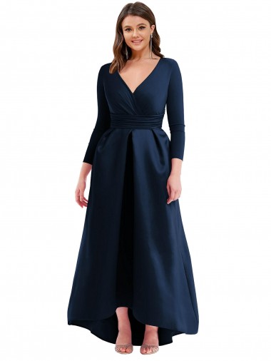 Long Long Sleeves Spandex Dark Navy Ball Gown High Low Plus Size Prom Dress Canada Online