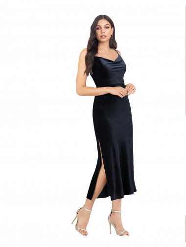Midi Length Sleeveless Stretch Velvet Dark Navy Column Prom Dress Canada Online