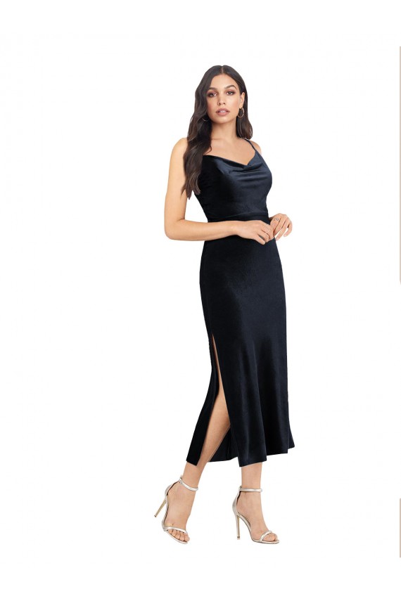 Midi Length Sleeveless Stretch Velvet Dark Navy Column Prom Dress Canada Online