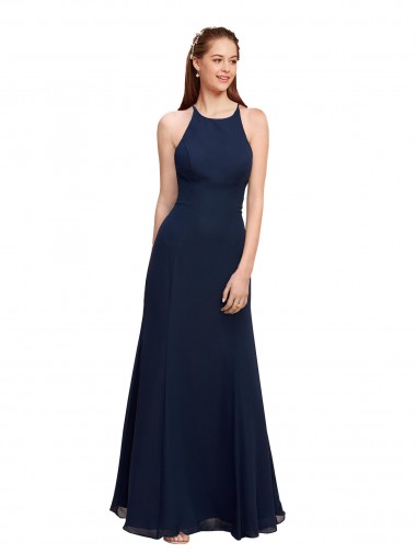 Long Sleeveless Soft Chiffon Dark Navy Halter Neck Mermaid Prom Dress Canada Online