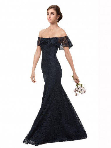 Long Flutter Sleeves Lace Dark Navy Mermaid Prom Dress Canada Online