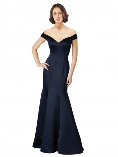 Long Cap Sleeves Satin Dark Navy Mermaid Prom Dress Canada Online