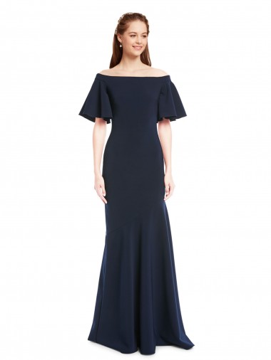Short Sleeves Long Stretch Crepe Dark Navy Mermaid Prom Dress Canada Online