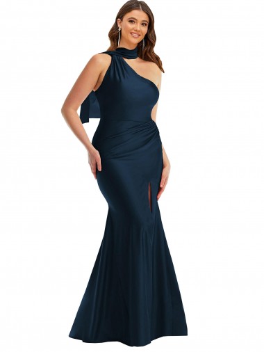 Long Sleeveless Silky Satin Dark Navy Mermaid Plus Size Formal Prom Dress Canada Online