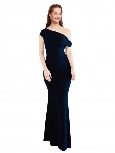 Long Sleeveless Stretch Crepe Dark Navy Mermaid One Shoulder Prom Dress Canada Online
