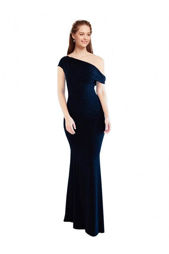 Long Sleeveless Stretch Crepe Dark Navy Mermaid One Shoulder Prom Dress Canada Online