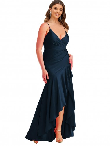 Long Sleeveless Silky Satin Dark Navy Mermaid High Low Plus Size Prom Dress Canada Online