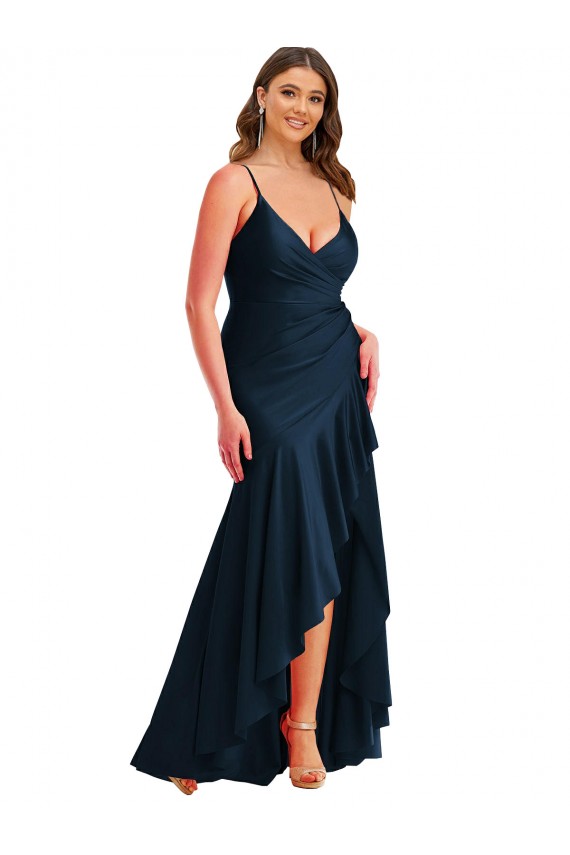 Long Sleeveless Silky Satin Dark Navy Mermaid High Low Plus Size Prom Dress Canada Online