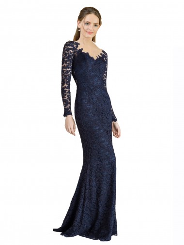 Long Long Sleeves Lace Dark Navy Mermaid Prom Dress Canada Online