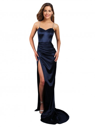 Long Sleeveless Stretch Satin Dark Navy Mermaid Prom Dress Canada Online