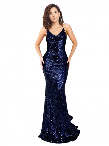 Long Sleeveless Sequin Dark Navy Mermaid Prom Dress Canada Online