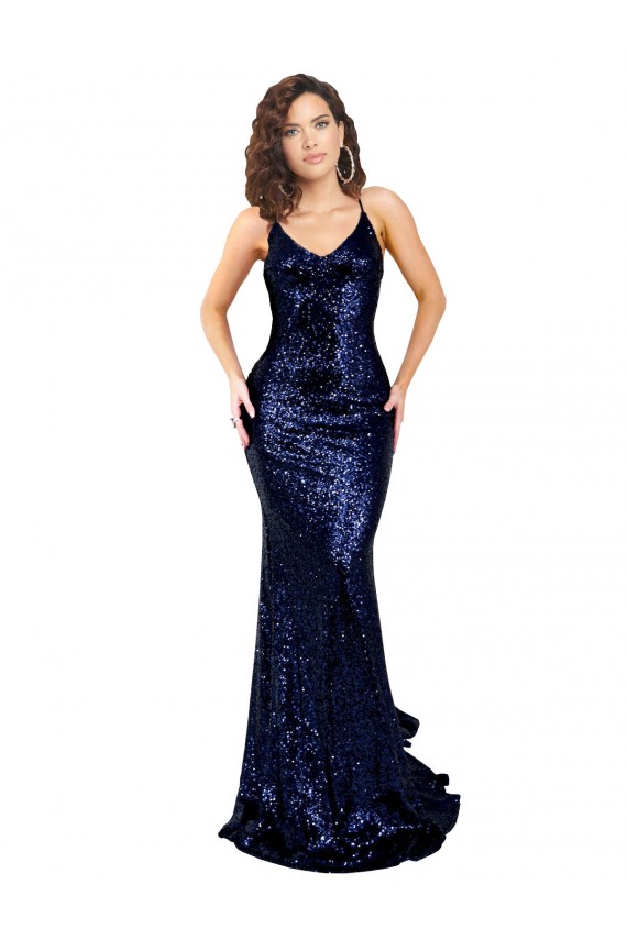 Long Sleeveless Sequin Dark Navy Mermaid Prom Dress Canada Online