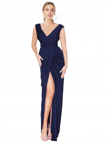 Long Sleeveless Soft Chiffon Dark Navy Mermaid V-Back Prom Dress Canada Online