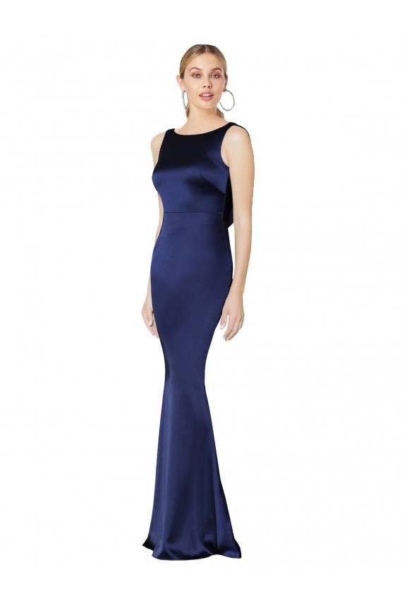 Long Sleeveless Stretch Satin Dark Navy Sheath Prom Dress Canada Online