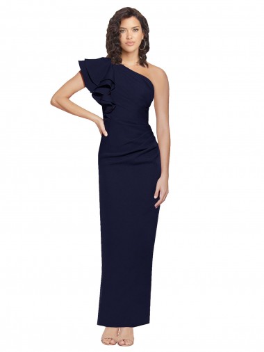 Long Sleeveless Stretch Crepe Dark Navy Sheath One Shoulder Prom Dress Canada Online