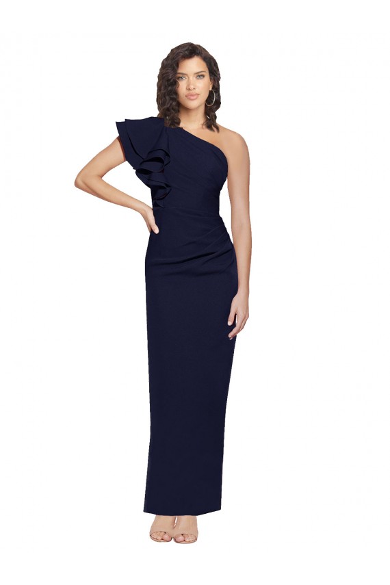Long Sleeveless Stretch Crepe Dark Navy Sheath One Shoulder Prom Dress Canada Online
