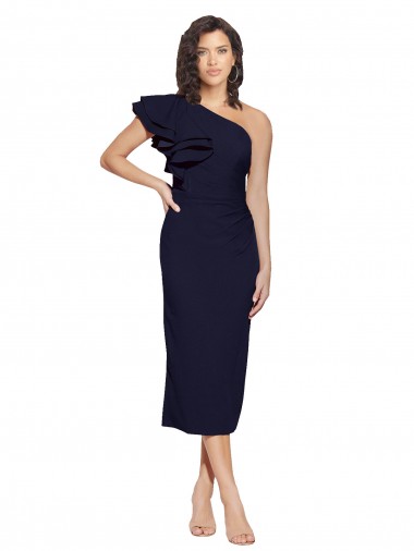 Midi Length Sleeveless Stretch Crepe Dark Navy Sheath Prom Dress Canada Online
