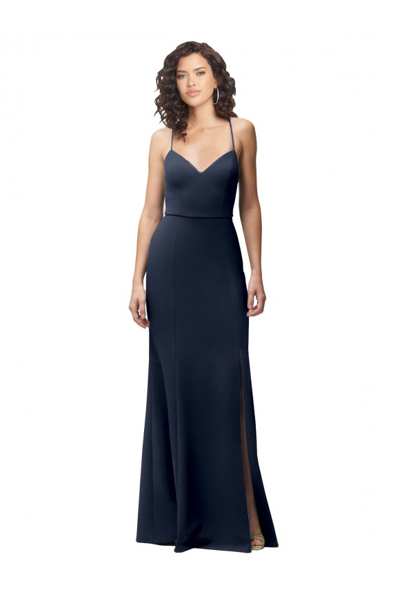Long Sleeveless Stretch Crepe Dark Navy Spaghetti Straps Sheath Prom Dress Canada Online