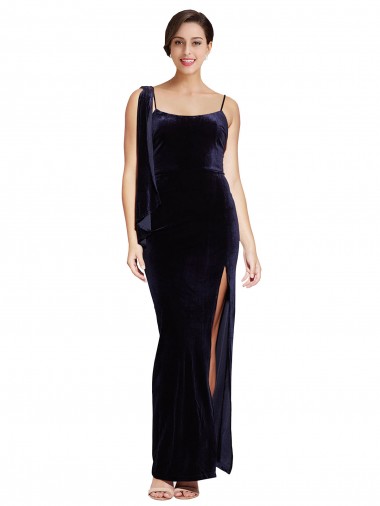 Long Sleeveless Stretch Velvet Dark Navy Sheath Prom Dress Canada Online