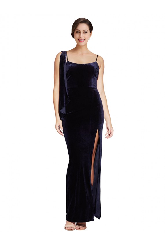 Long Sleeveless Stretch Velvet Dark Navy Sheath Prom Dress Canada Online
