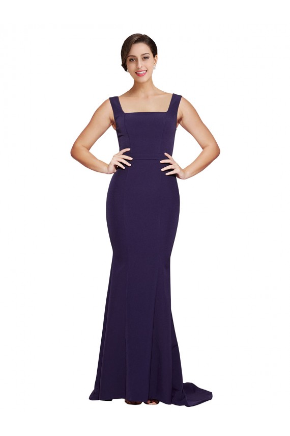Sweep Train Sleeveless Stretch Crepe Dark Navy Square Neck Sheath Prom Dress Canada Online