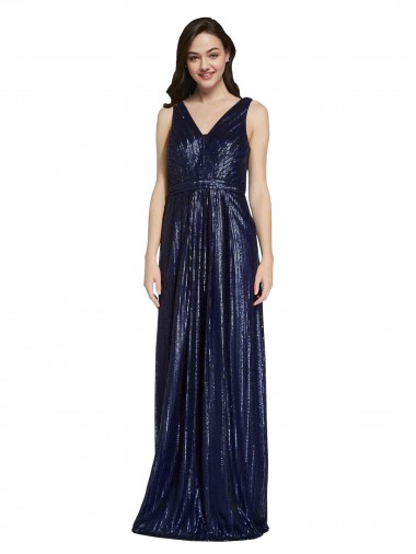 Long Sleeveless Sequin Dark Navy Sheath Prom Dress Canada Online
