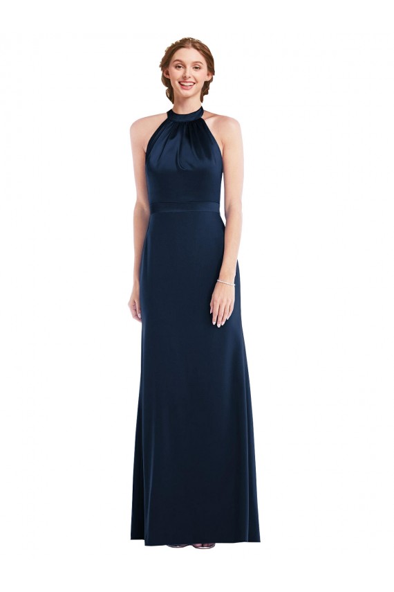 Long Sleeveless Stretch Crepe Dark Navy High Neck Trumpet Prom Dress Canada Online
