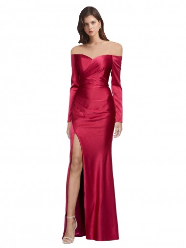 Long Long Sleeves Stretch Satin Dark Red Sheath Prom Dress Canada Online