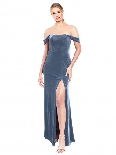 Long Sleeveless Stretch Velvet Dusty Blue A-Line Off the Shoulder Prom Dress Canada Online